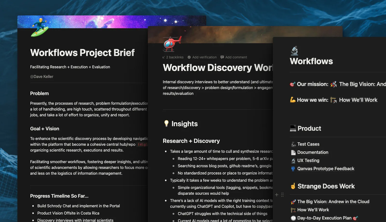 Notion research hub — discovery workshop docs, consultant interviews, and insights