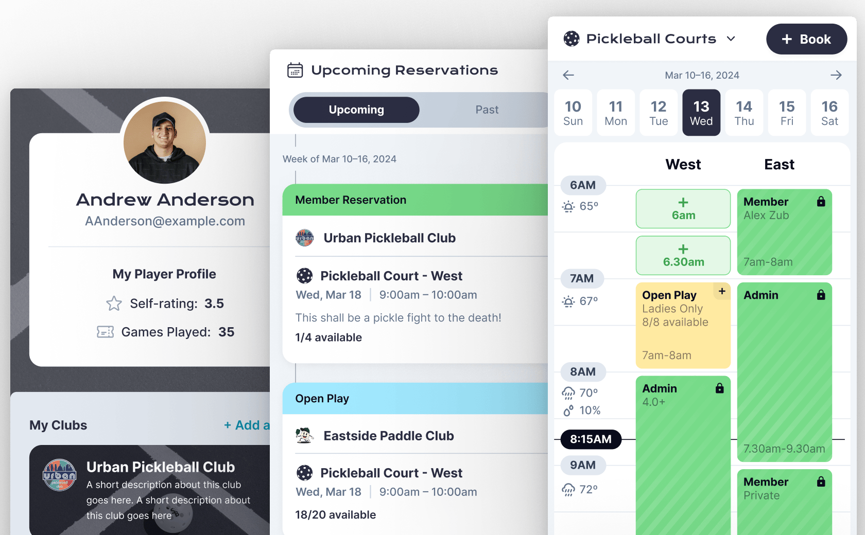 OpenCourt court booking and player profile screens