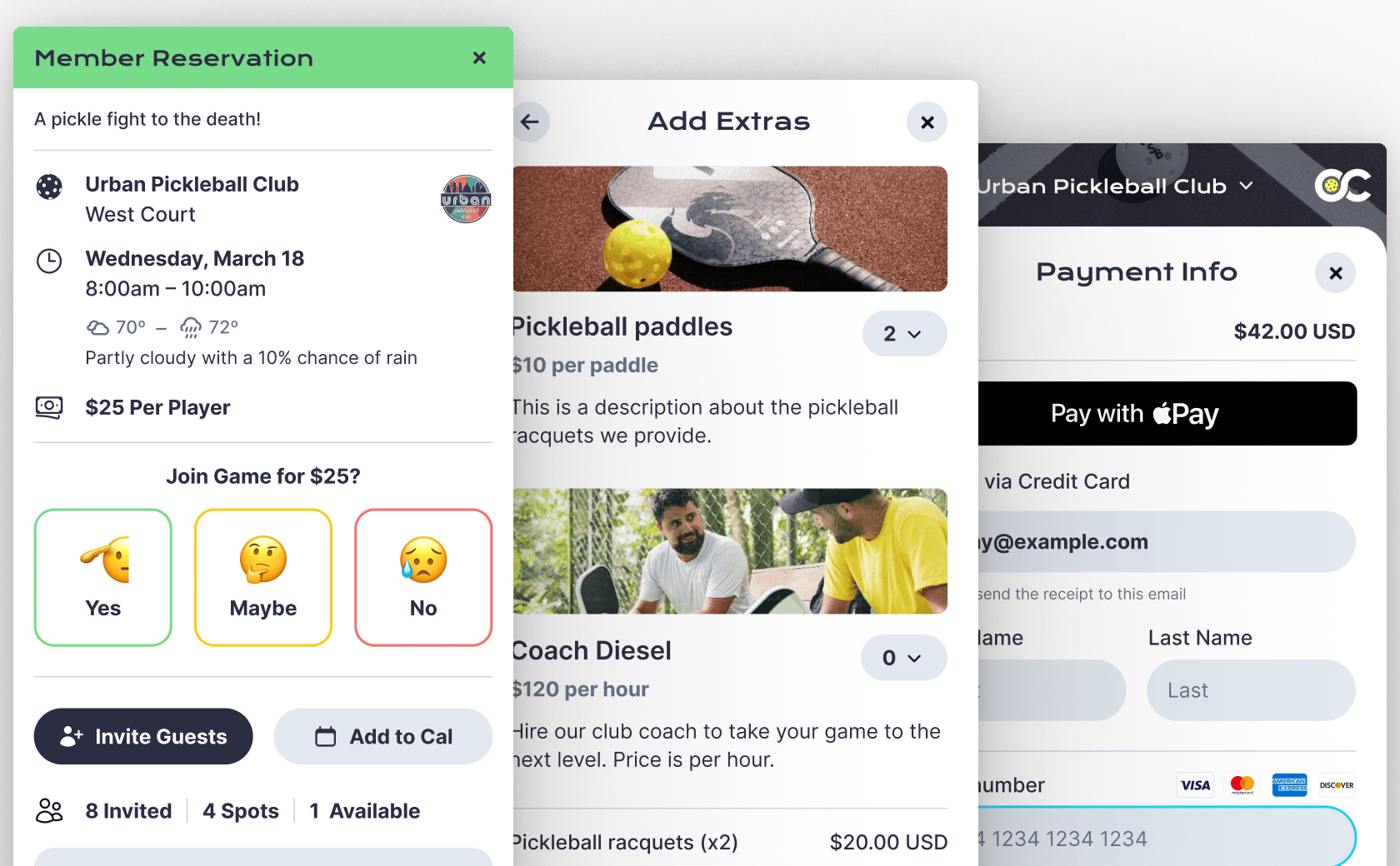 OpenCourt event invites, add-on extras, and checkout screens